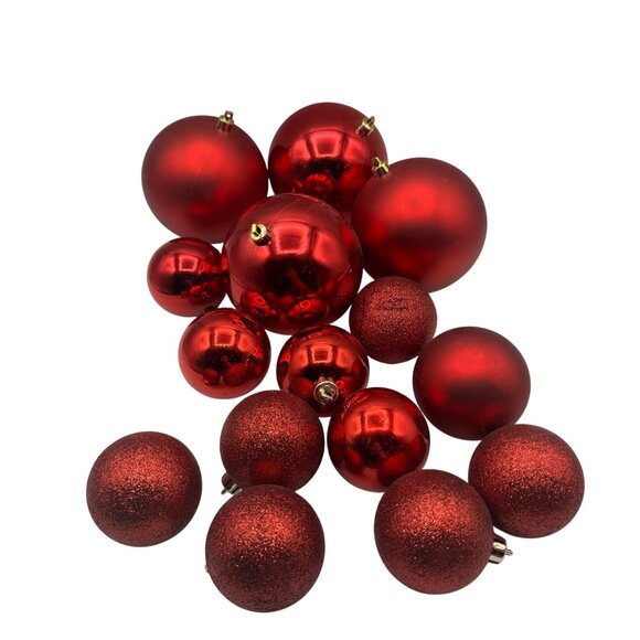 Red Shatterproof Christmas Ornaments Set Of 15 Glossy & Glitter Finish - Picture 2 of 6